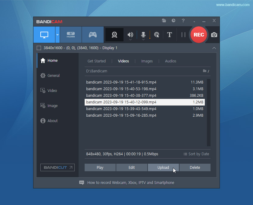 Interface principale de Bandicam avec les fichiers vidéo récemment enregistrés listés pour un accès facile. © Bandicam