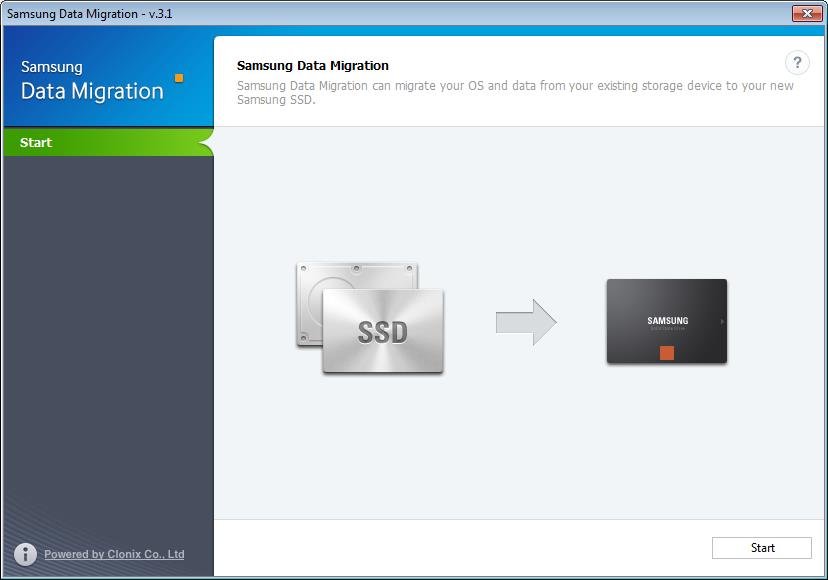 Page de démarrage de Samsung Data Migration indiquant sa fonction principale : transférer le système et les données d’un disque source vers un SSD Samsung. - © Samsung Data Migration