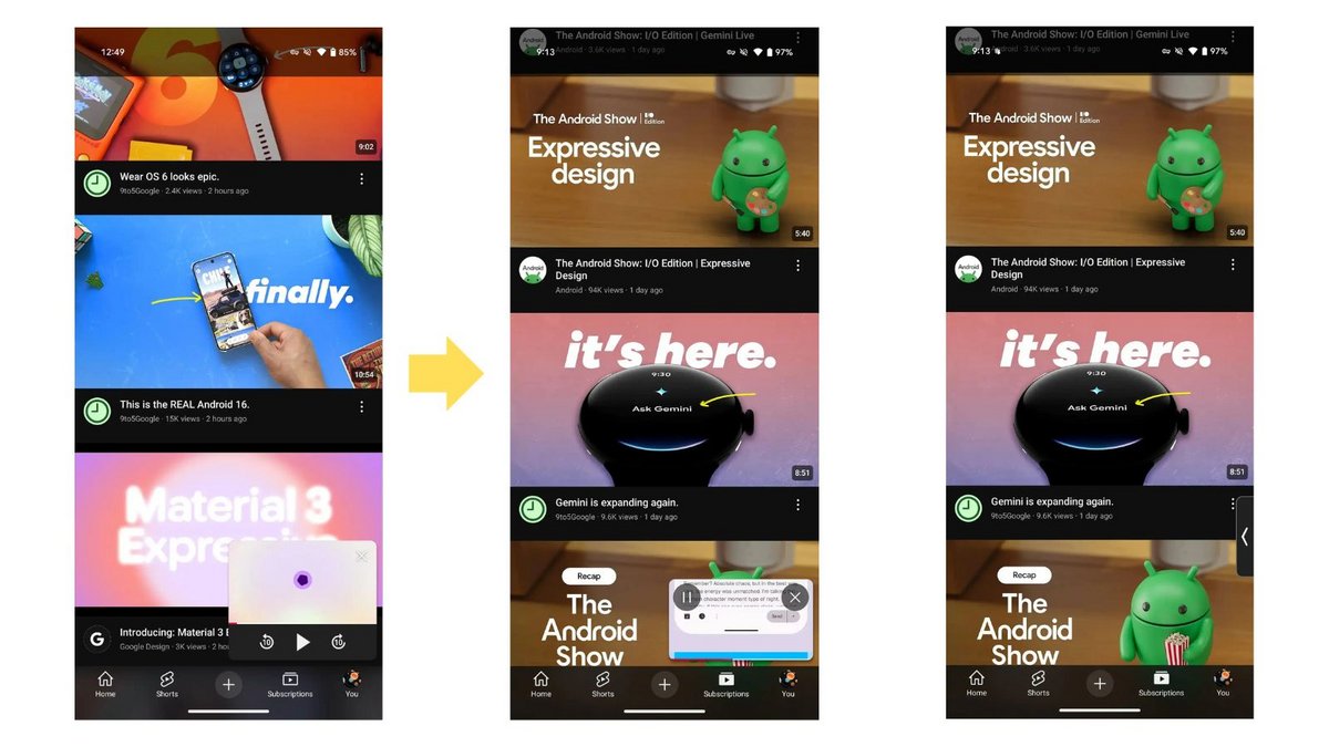L'évolution du mini-lecteur YouTube entre 2024 et 2025. © 9to5Google / Google