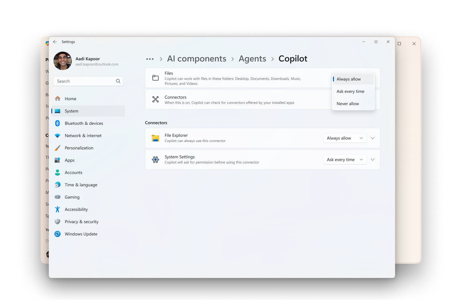 Windows 11 vous permet de définir trois types d'autorisation d'accès aux fichiers personnels pour chaque agent IA. © Microsoft