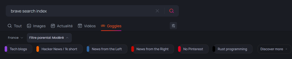 Brave - Le filtre parental et les Goggles dans Search