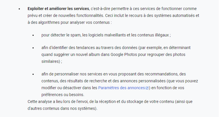 Extrait des conditions générales d'utilisation des services Google