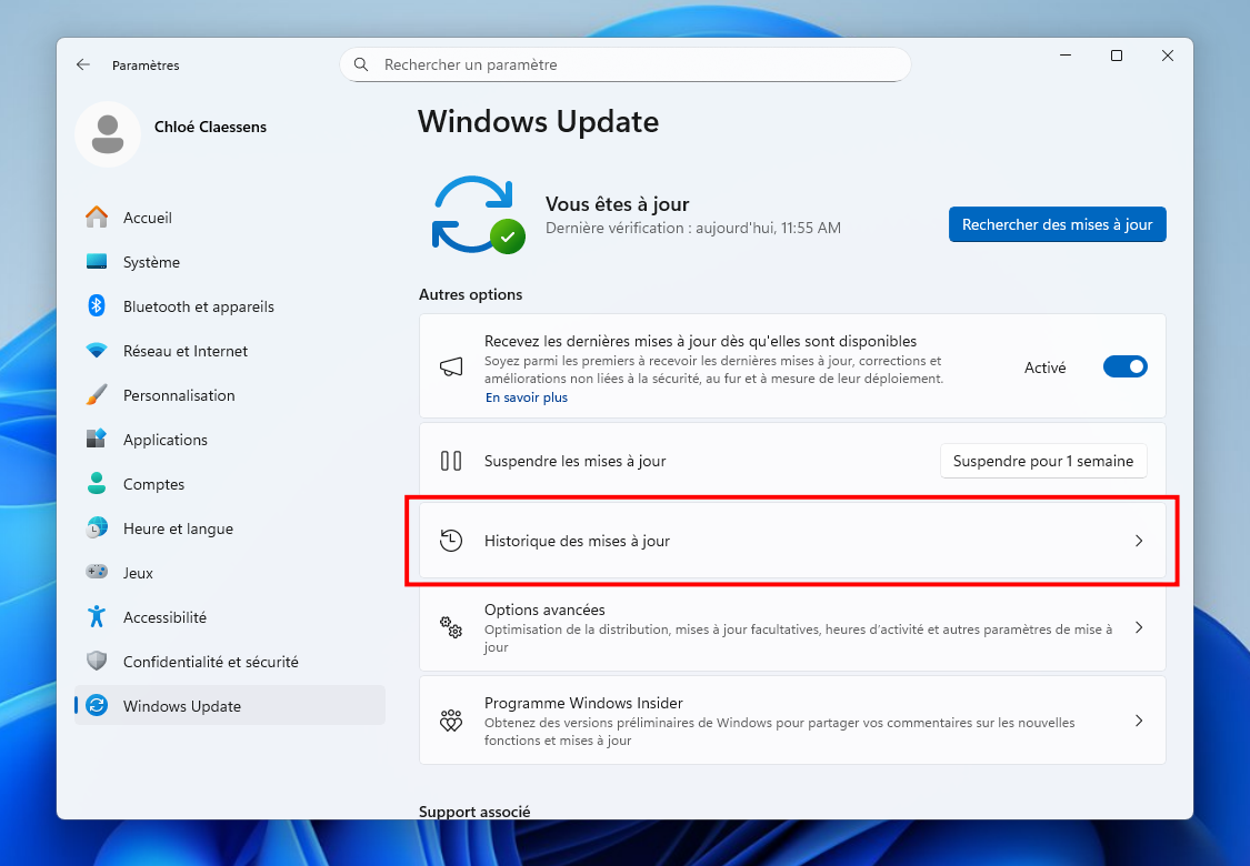 Pour effectuer un rolback vers Windows 11 24H2, rendez-vous dans l'Historique des mises à jour. © Clubic