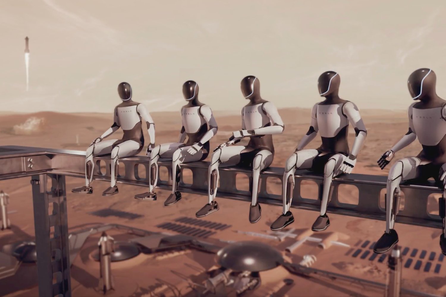 Vision de SpaceX de robots Optimus sur Mars, avec de fusées Starship en fond. ©SpaceX