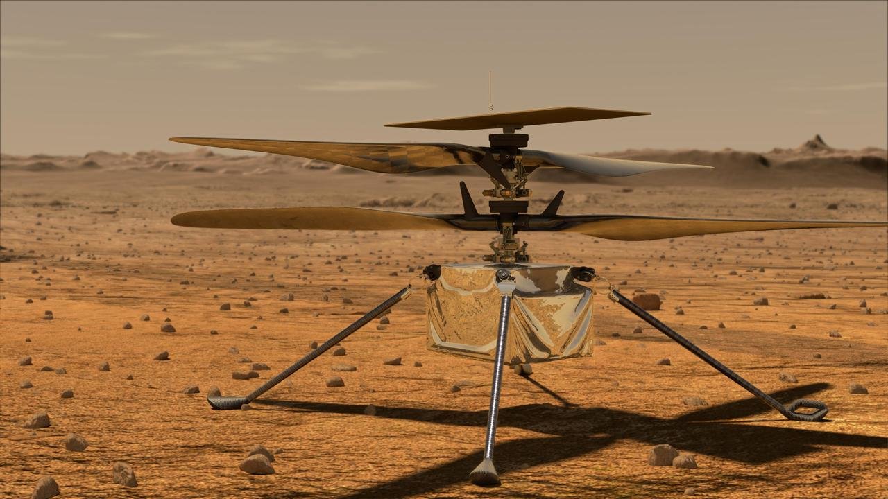 Vue d'artiste d'Ingenuity à la surface de Mars. © NASA/JPL-Caltech