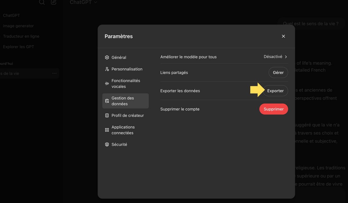 Ou encore exporter vos échanges © OpenAI