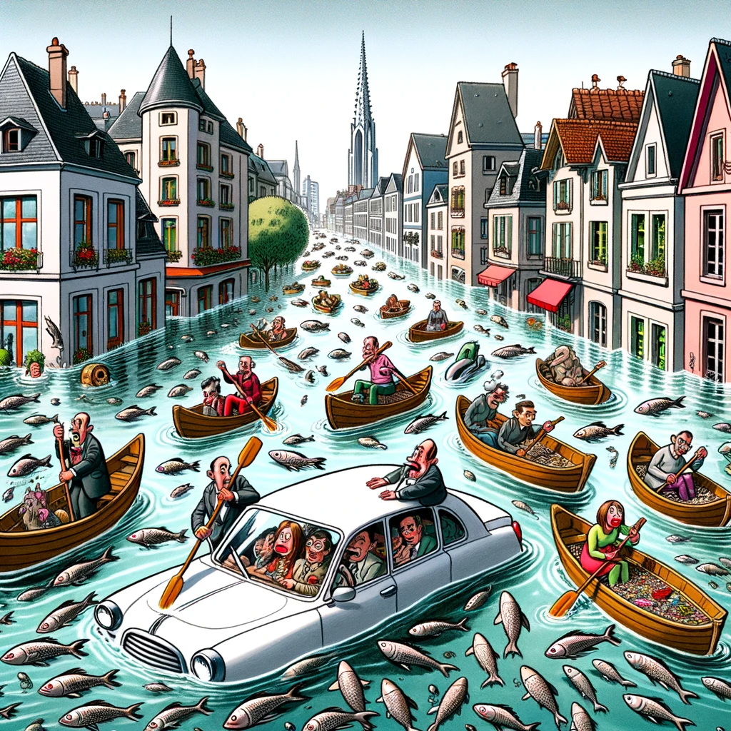 Prompt : Caricature d'une ville submergée par la montée des eaux, avec des poissons nageant entre les bâtiments et des personnes utilisant des canoës au lieu de voitures. Texte : 'Nouvelle mode de transport en ville!'