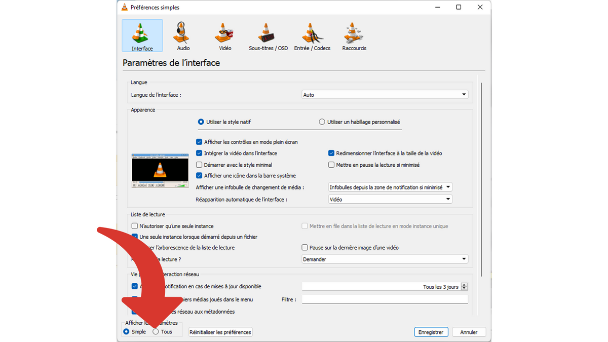 Accéder à toutes les préférences VLC © Clubic