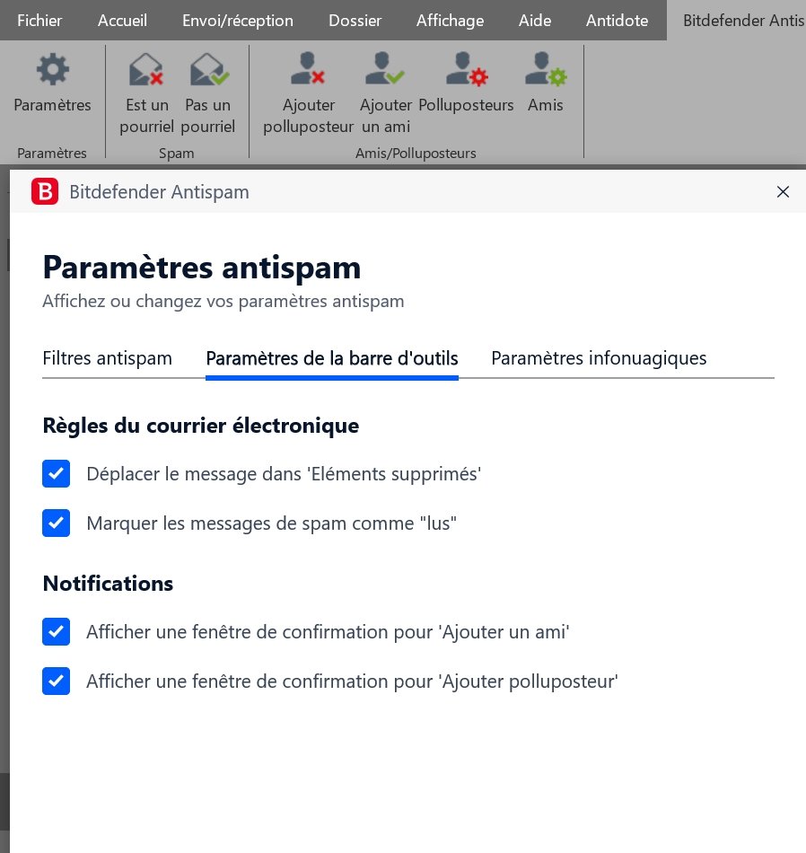 Bitdefender Antispam - Barre d'outils Outlook