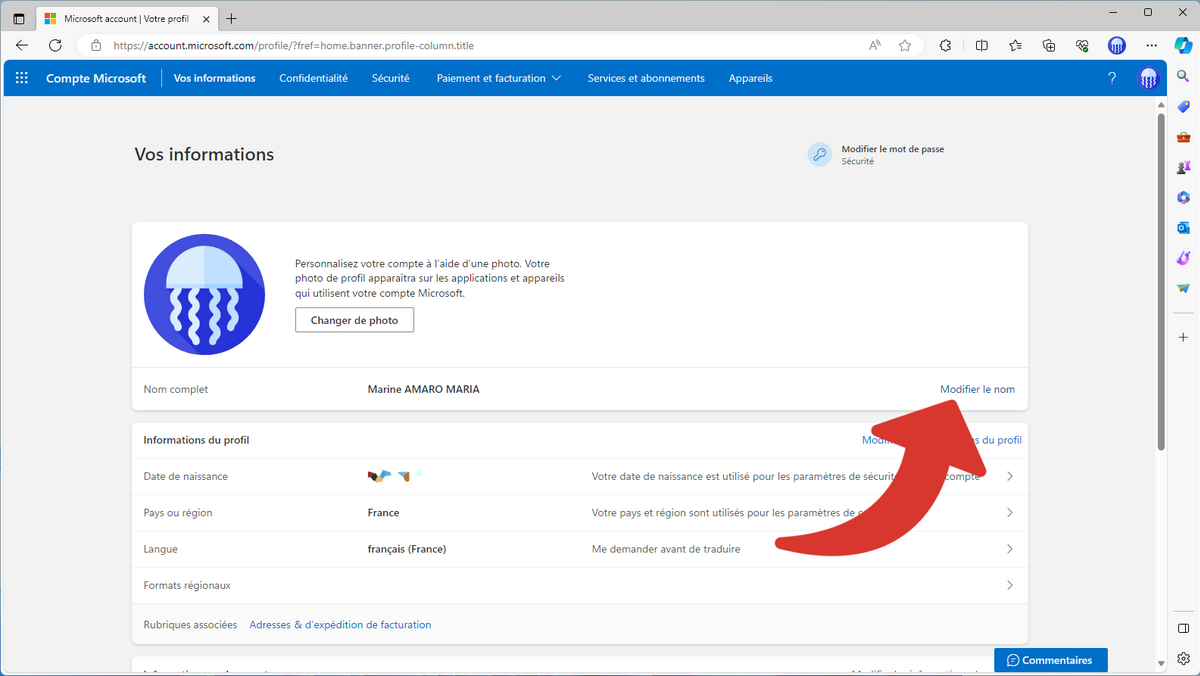 Accédez au formulaire pour modifier le nom d'affichage de votre compte Microsoft © Clubic