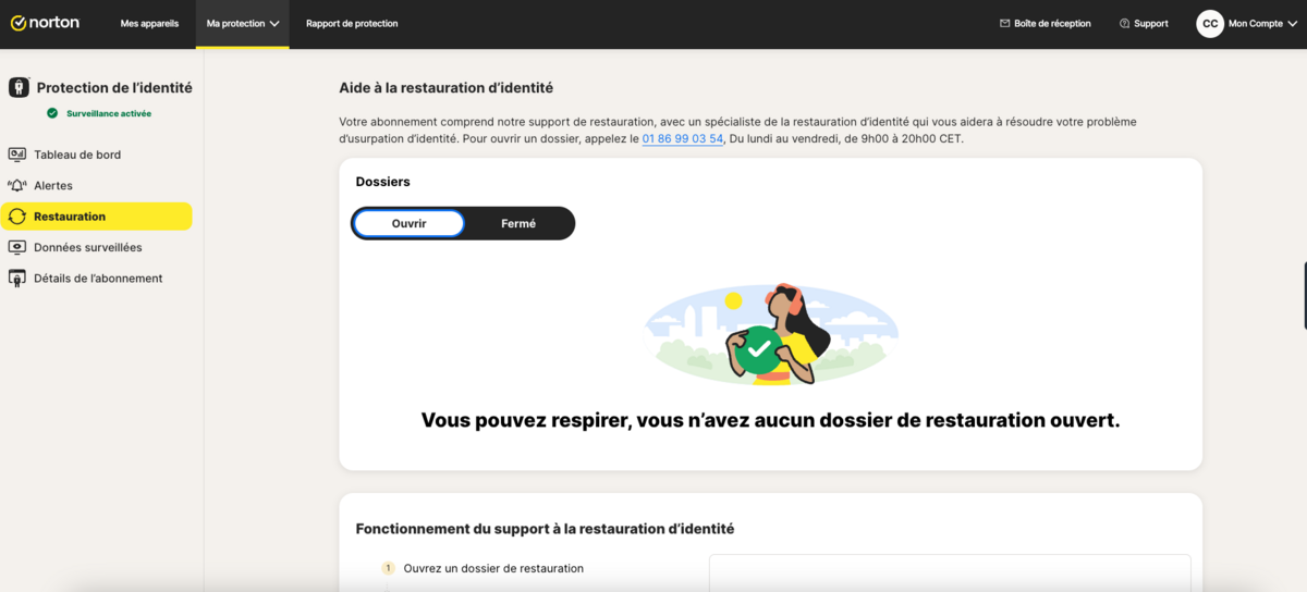 Ecas d'usurpation d'identité, le service d'aide à la restauration de l'identité de Norton vous accompagne dans vos démarche auprès des commerçant, banques et administrations © Clubic