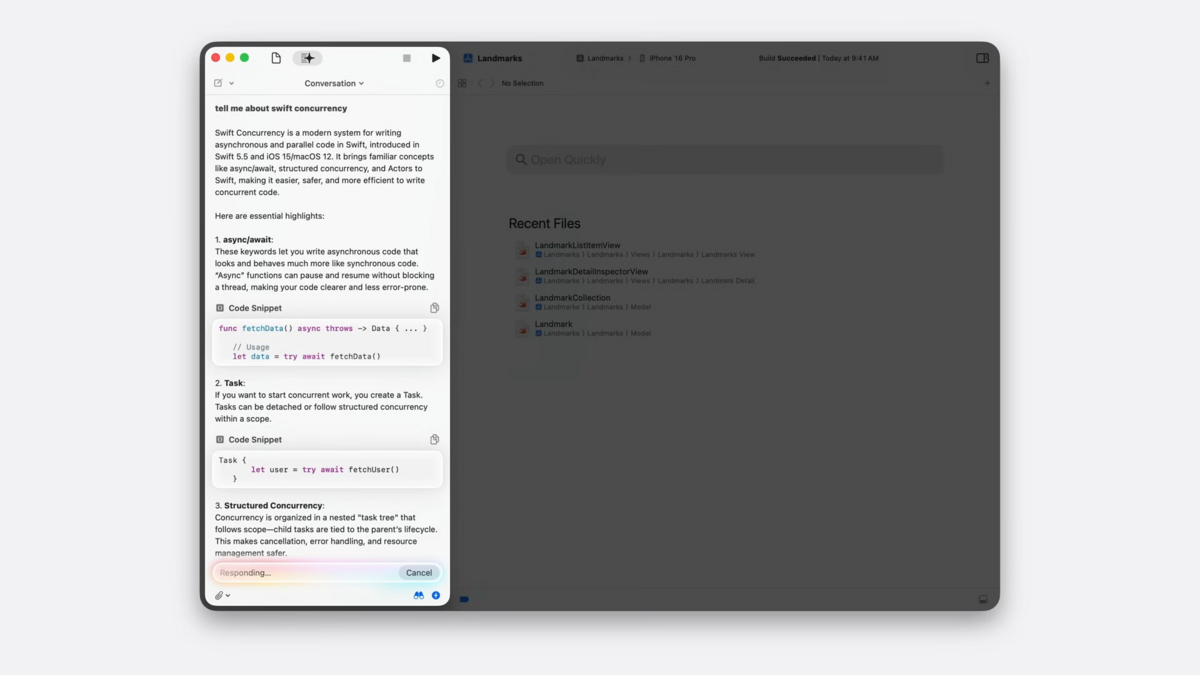 Xcode 26 va intégrer un chatbot, et celui-ci prendra en charge les modèles locaux comme Diffucode en plus d'outils plus connus comme ChatGPT. © Apple