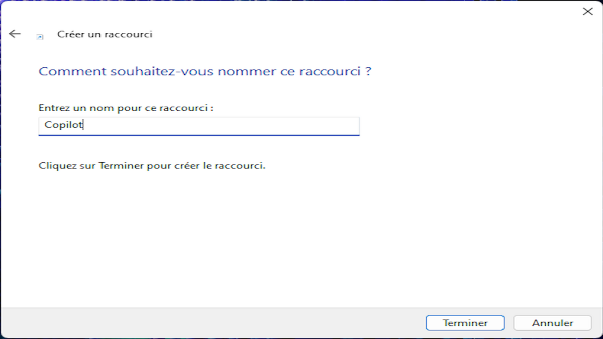 Choisissez un nom pour votre raccourci Copilot © Benoit Baylé