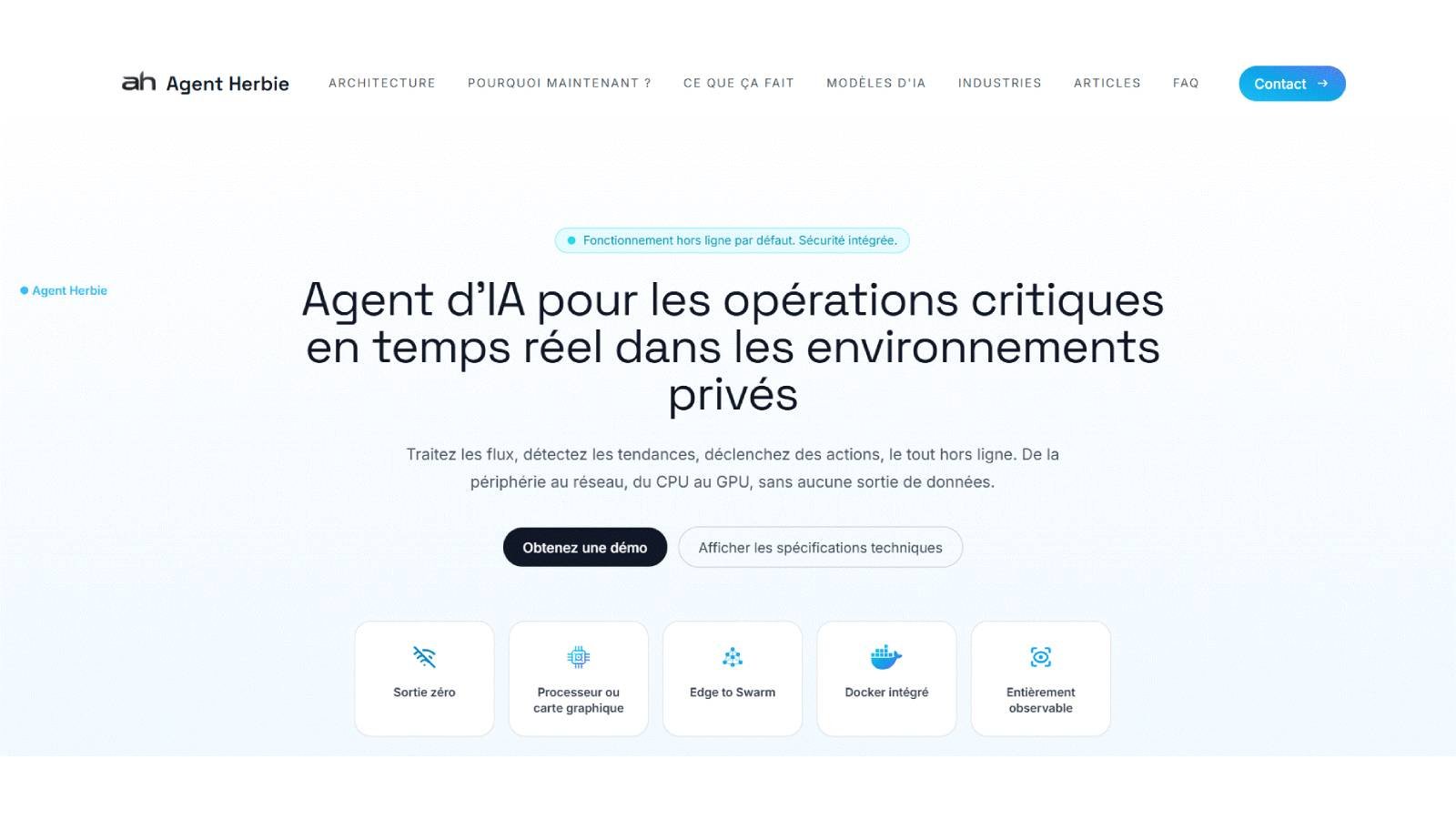 Agent Herbie est un agent IA conçu pour automatiser des tâches métiers sur une infrastructure privée. Il privilégie la sécurité des données et fonctionne sans dépendre d'un service cloud public. © Agent Herbie