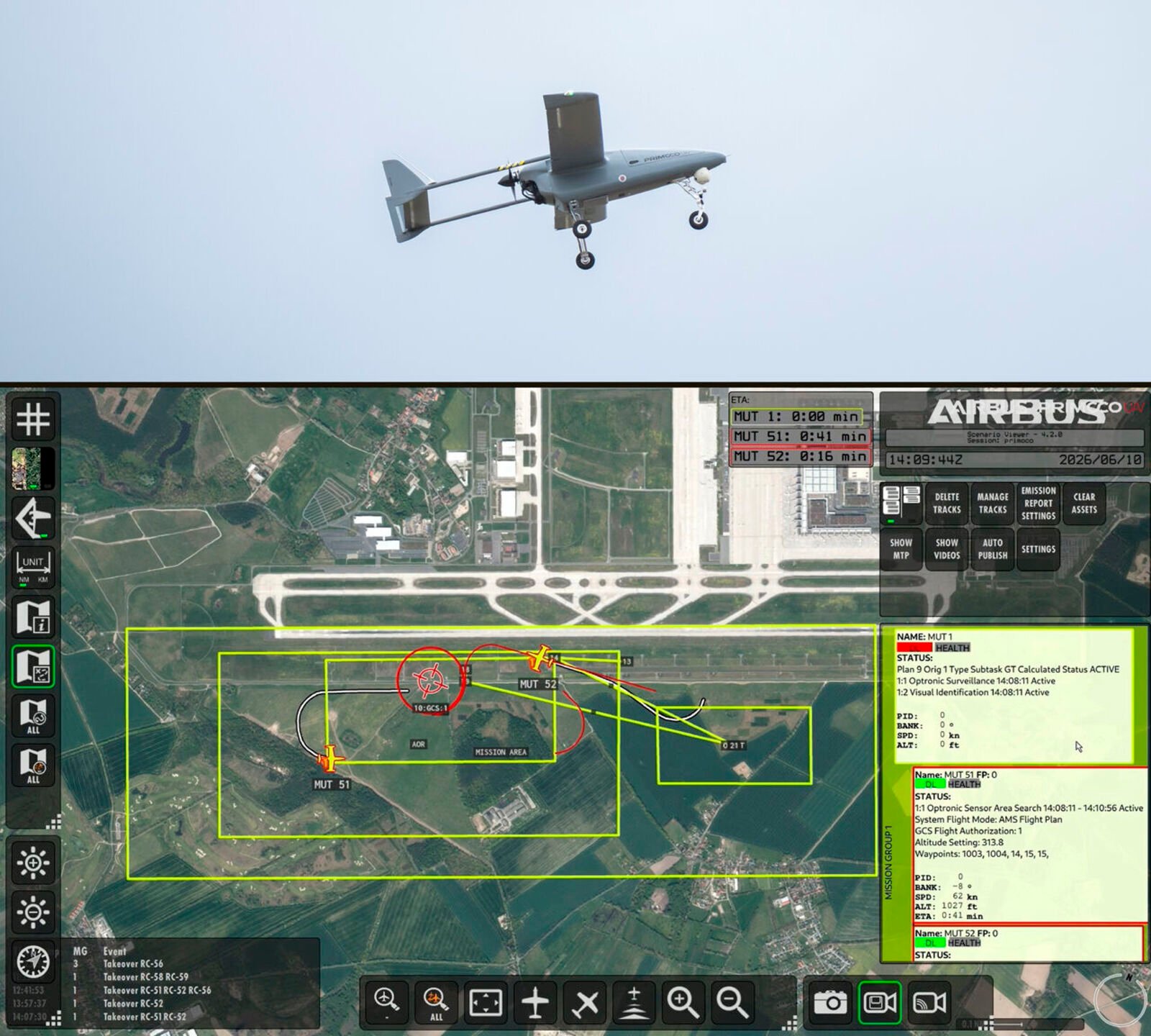 Ici, nous avons la première démonstration en conditions réelles d'autonomie collaborative, faite au salon aéronautique ILA. Le visualiseur de scénarios du poste de contrôle de mission montre une surveillance multirôle autonome et collaborative avec détection et identification séquentielles. © Airbus