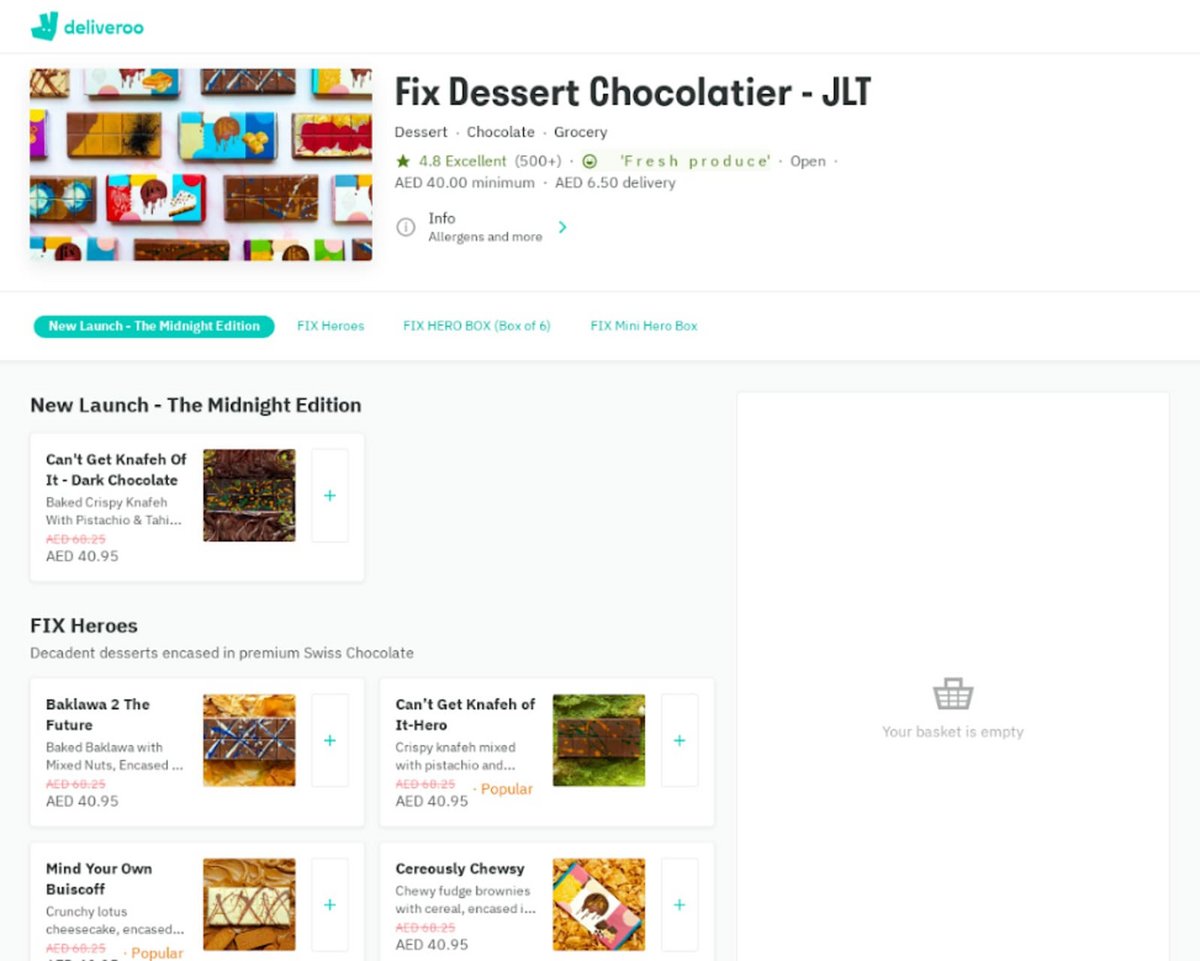 Un exemple de page de faux chocolatier sur Deliveroo