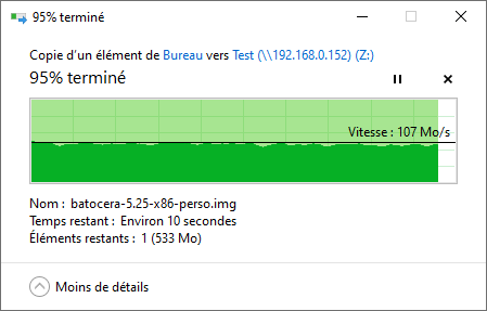 Performances mesurées en copie de fichiers sous Windows 10 en RAID 5 @ 1 GbE © Nerces