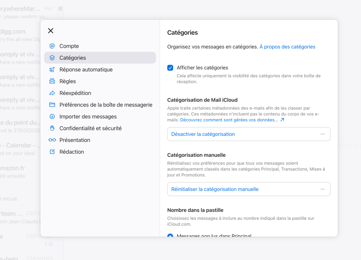 iCloud Mail - les options des catégories