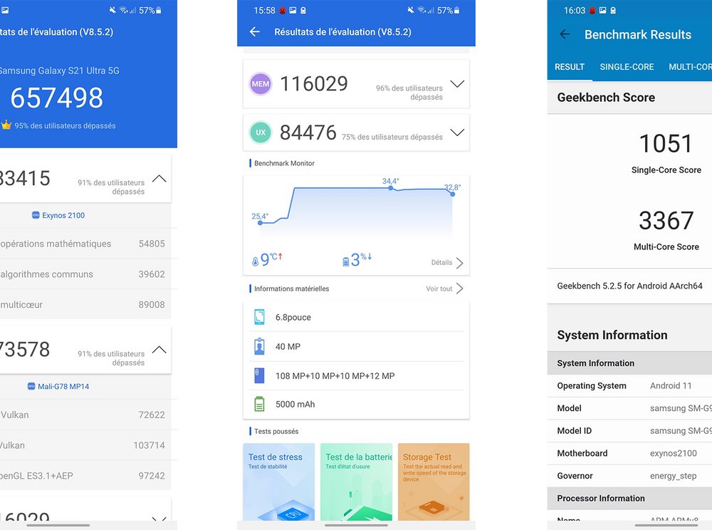 Benchmarks du OnePlus 9 Pro à gauche, et du Galaxy S21 à droite.