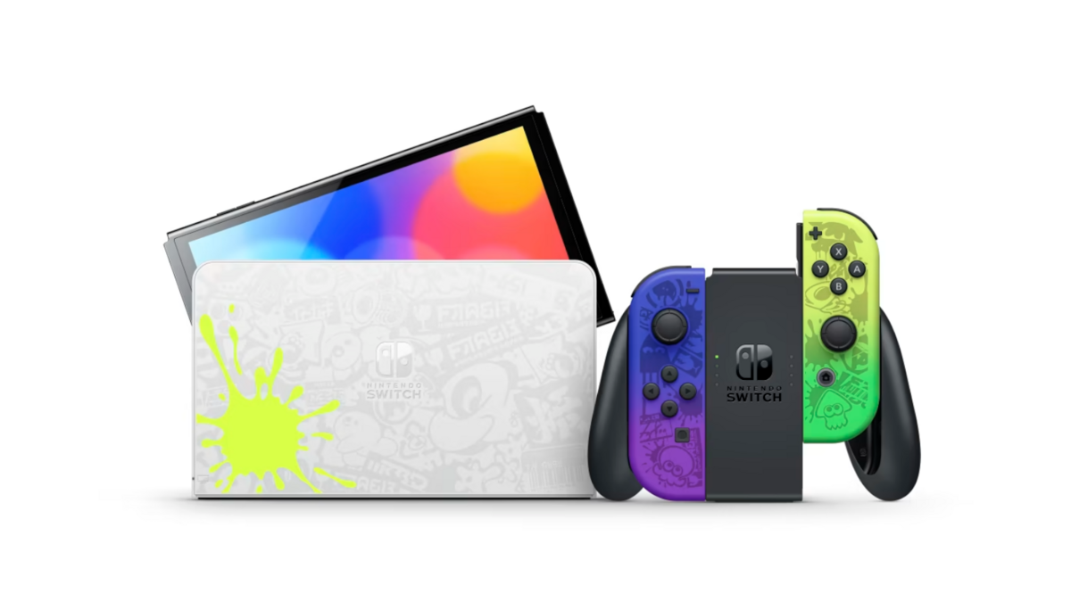 La Switch OLED collector Splatoon 3 avec un dock et des joy-cons uniques