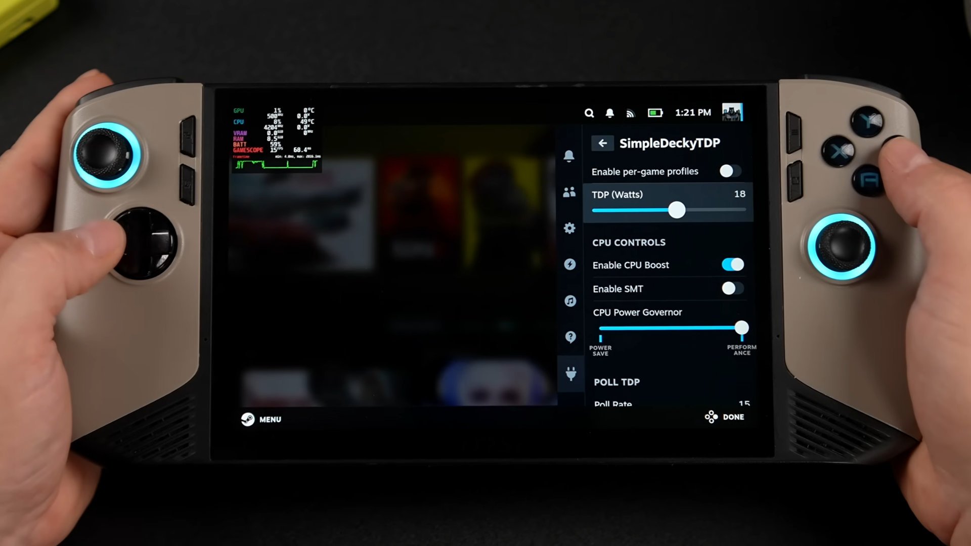 L'ajustement du TDP de la Claw 8 AI+ ne peut encore se faire, de base, sur SteamOS : il faut passer par un petit module bien connu des usagers du SteamDeck, SimplyDeck. ©ETA Prime