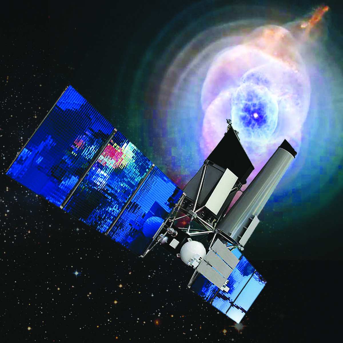 Vue d'artiste du télescope Spektr-RG et de ses deux instruments ART-XC et eROSITA