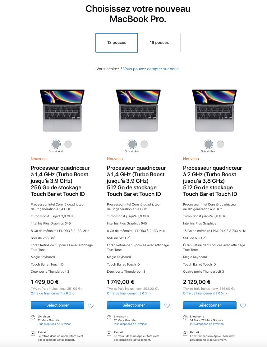 Comptez 2 129€ pour profiter d'un Intel Core i5 de 10e génération. © Apple