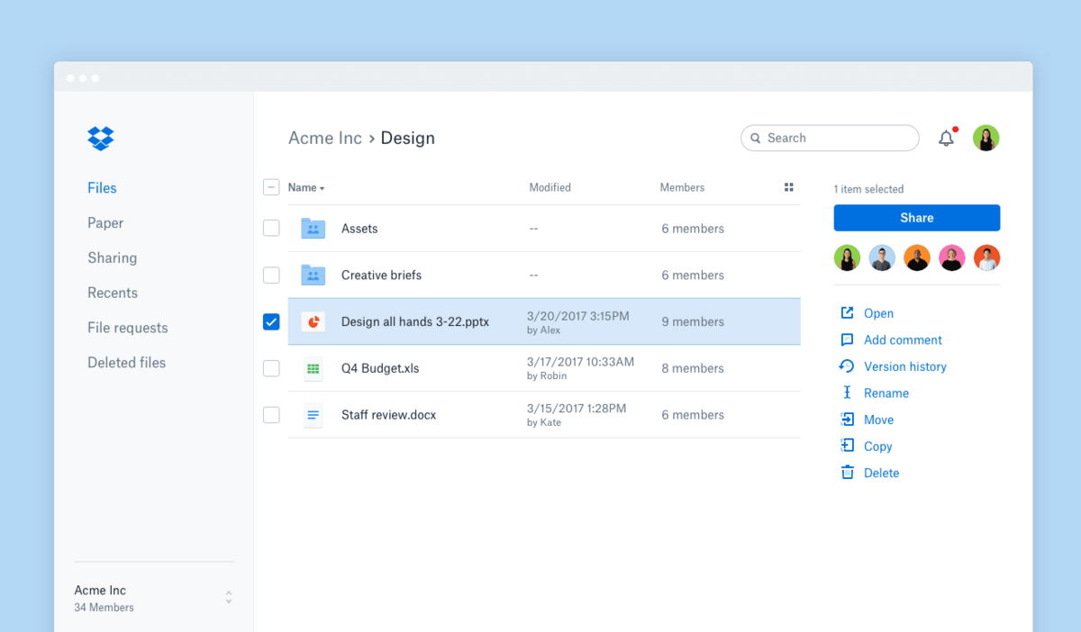 Dropbox - Interface web © Dropbox