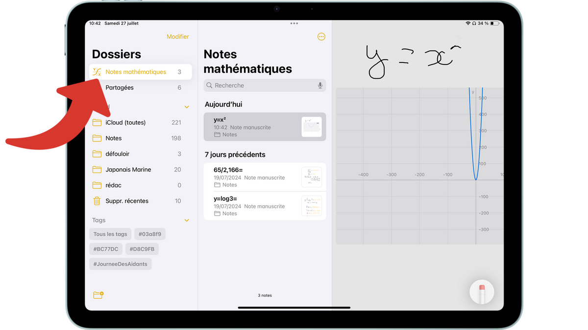 Dossier intelligent Notes mathématiques contenant toutes les notes liées à Math Notes sur iPadOS 18 © Clubic