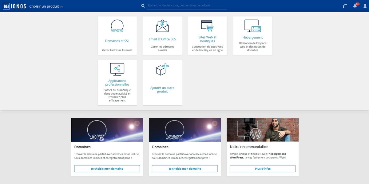  1and1 Ionos qui est l'un des leaders du marché a fait de gros efforts pour simplifier l'accès aux multiples services proposés sur son espace client en ligne.