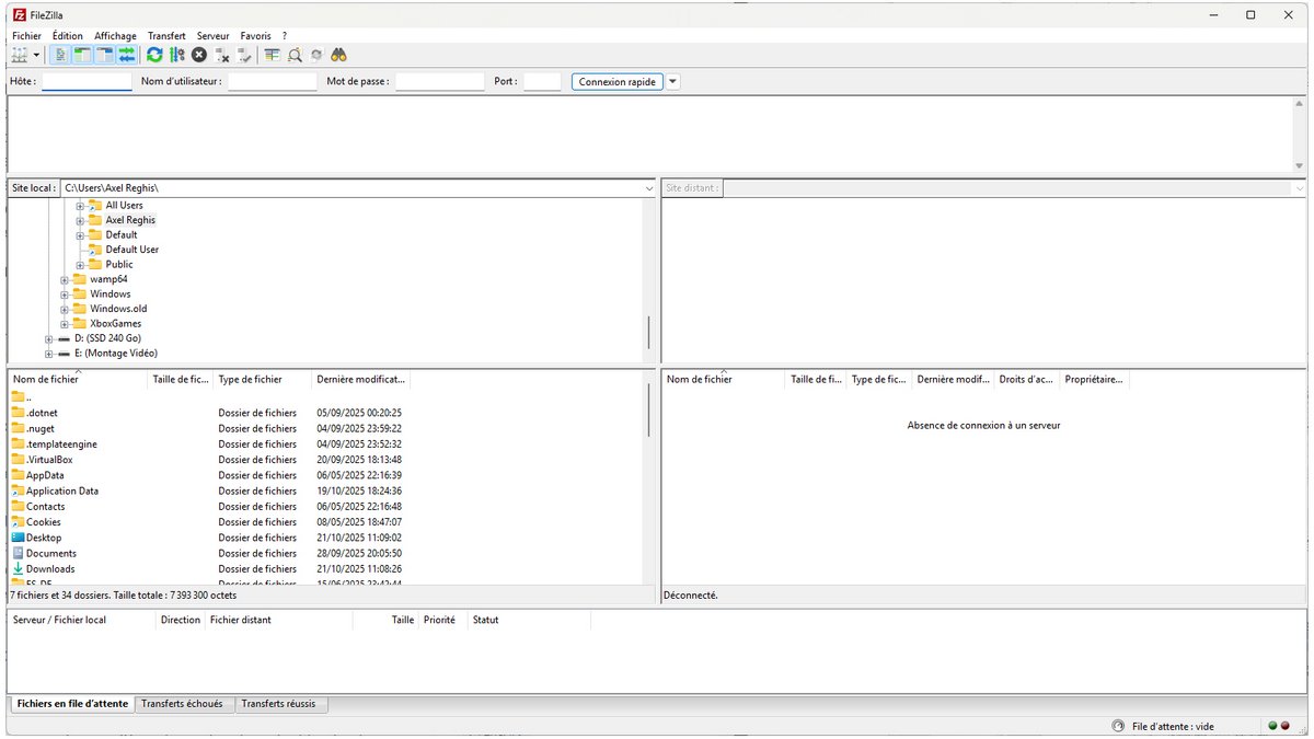 FileZilla séduit par son interface à double panneau, simple et intuitive, facilitant les transferts par glisser-déposer et offrant un suivi en temps réel des fichiers locaux et distants - © FileZilla