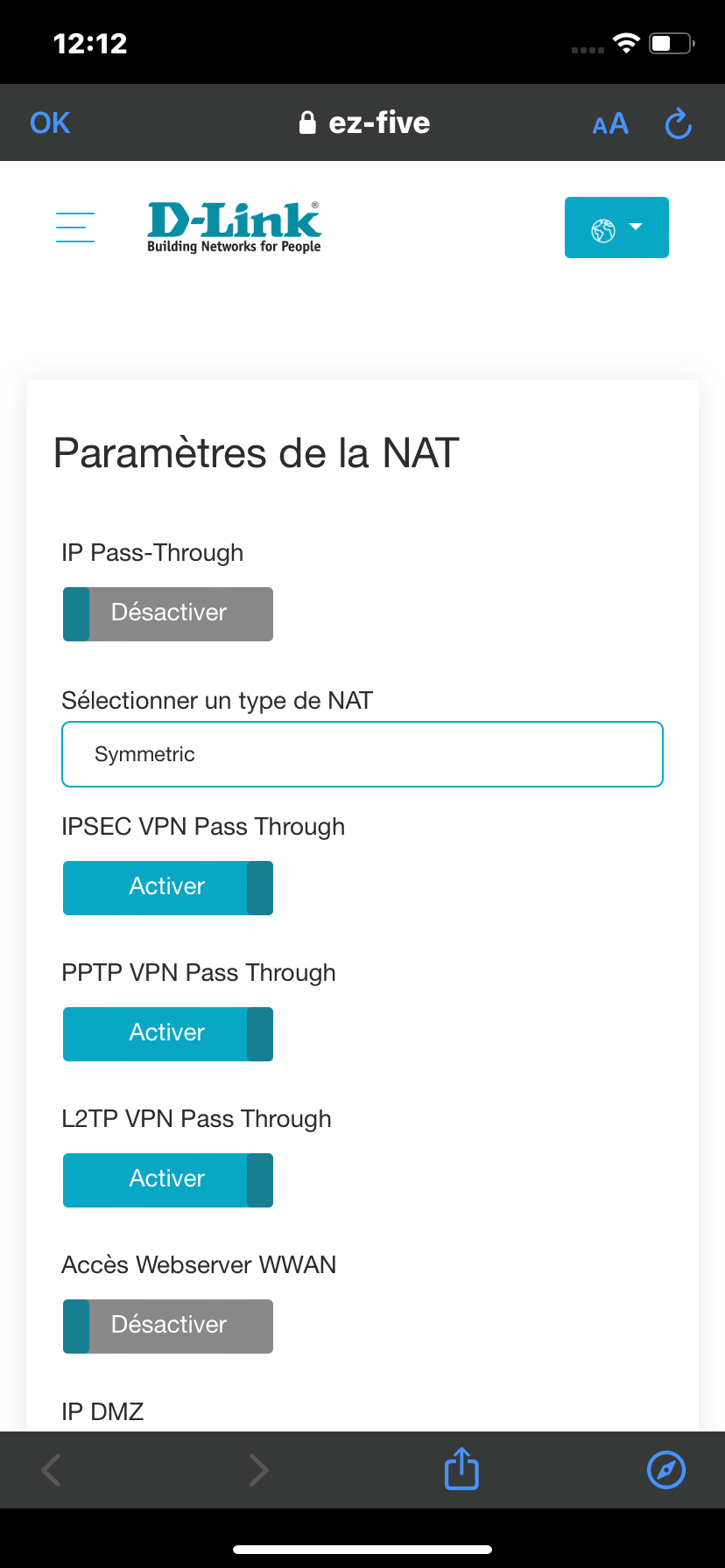 Paramètres NAT (depuis l'app mobile)