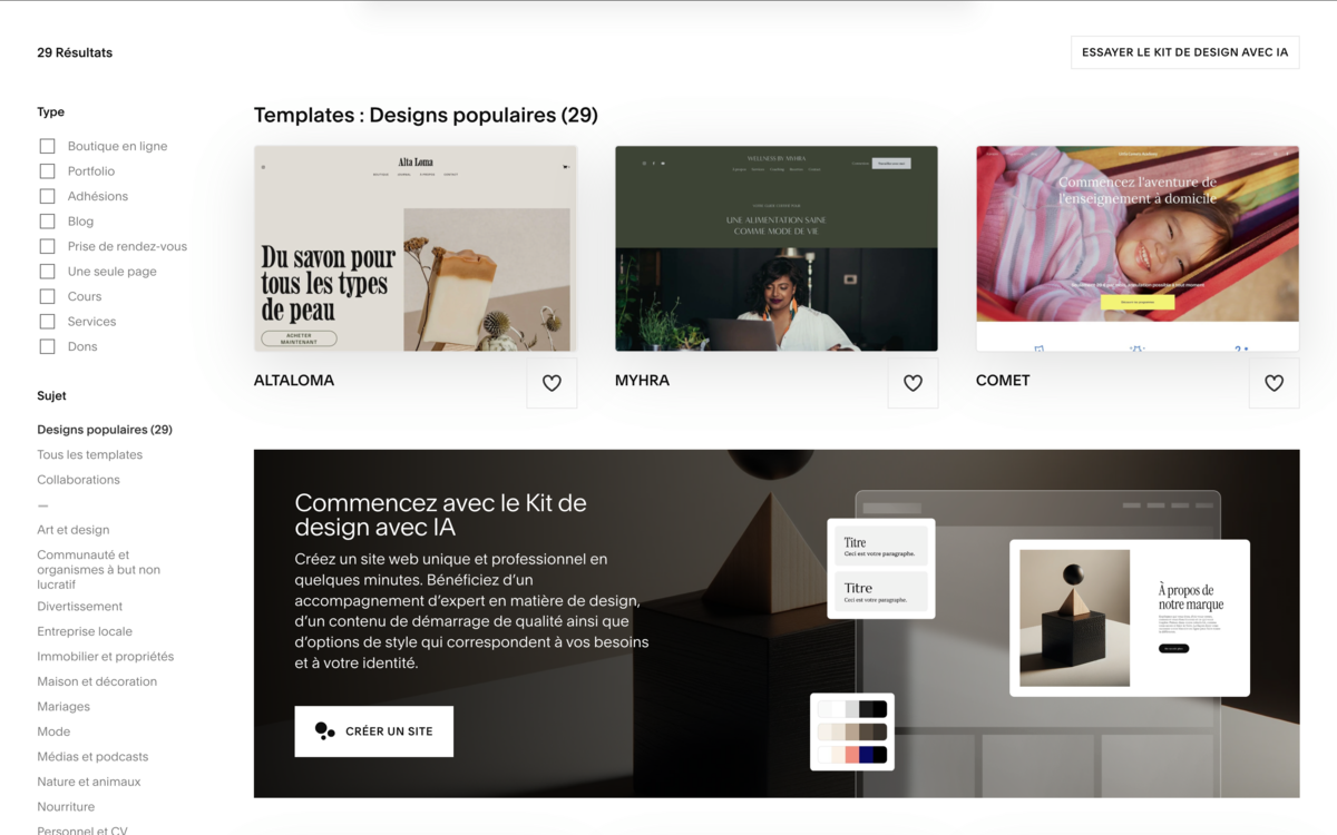 Squarespace - Liste de designs disponibles. ©Squarespace