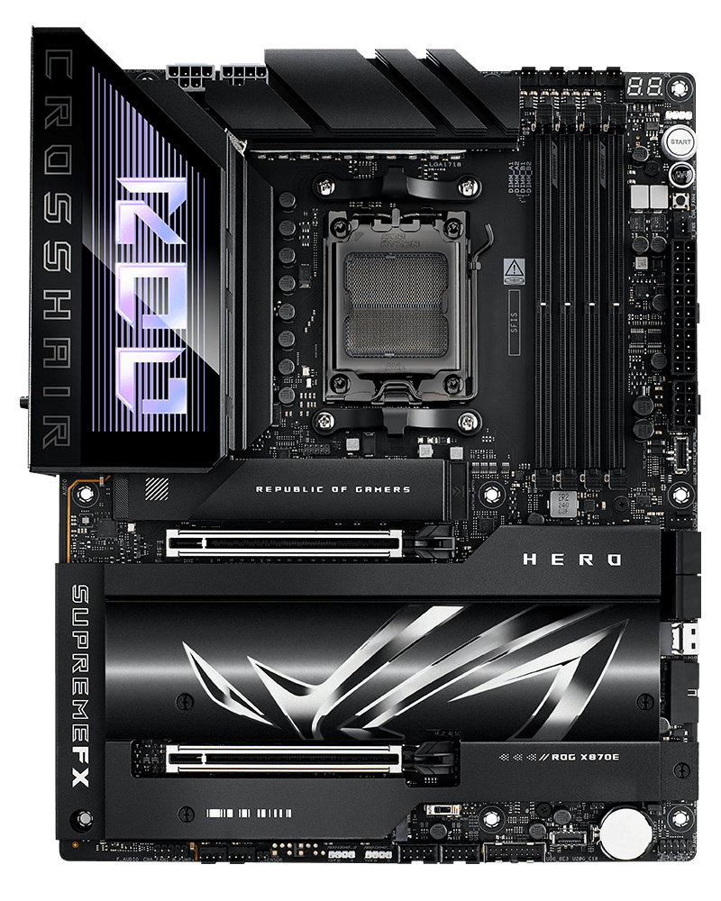 Avant et arrière de la carte mère ROG Crosshair X870E Hero © Nerces pour Clubic