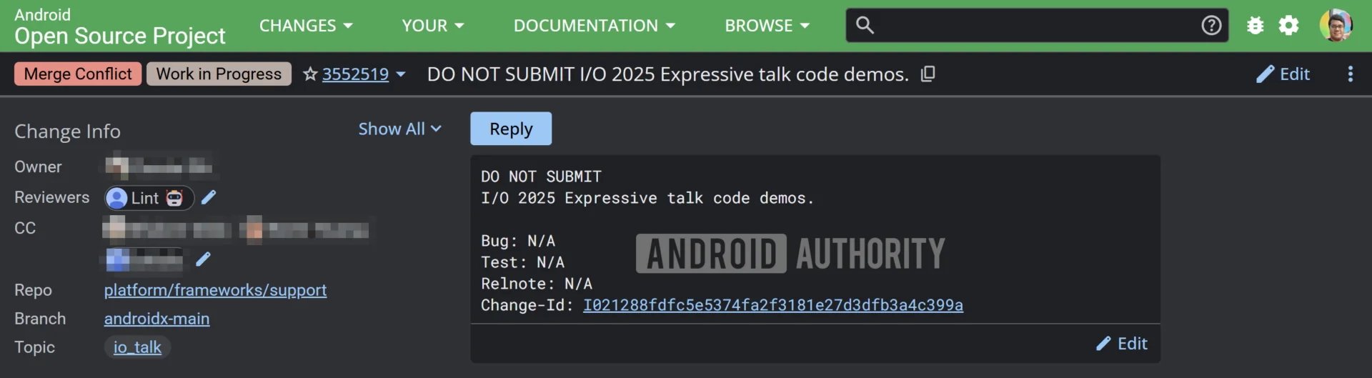 Référence à la conférence Google I/O 2025 dans le code de l'AOSP ©Android Authority