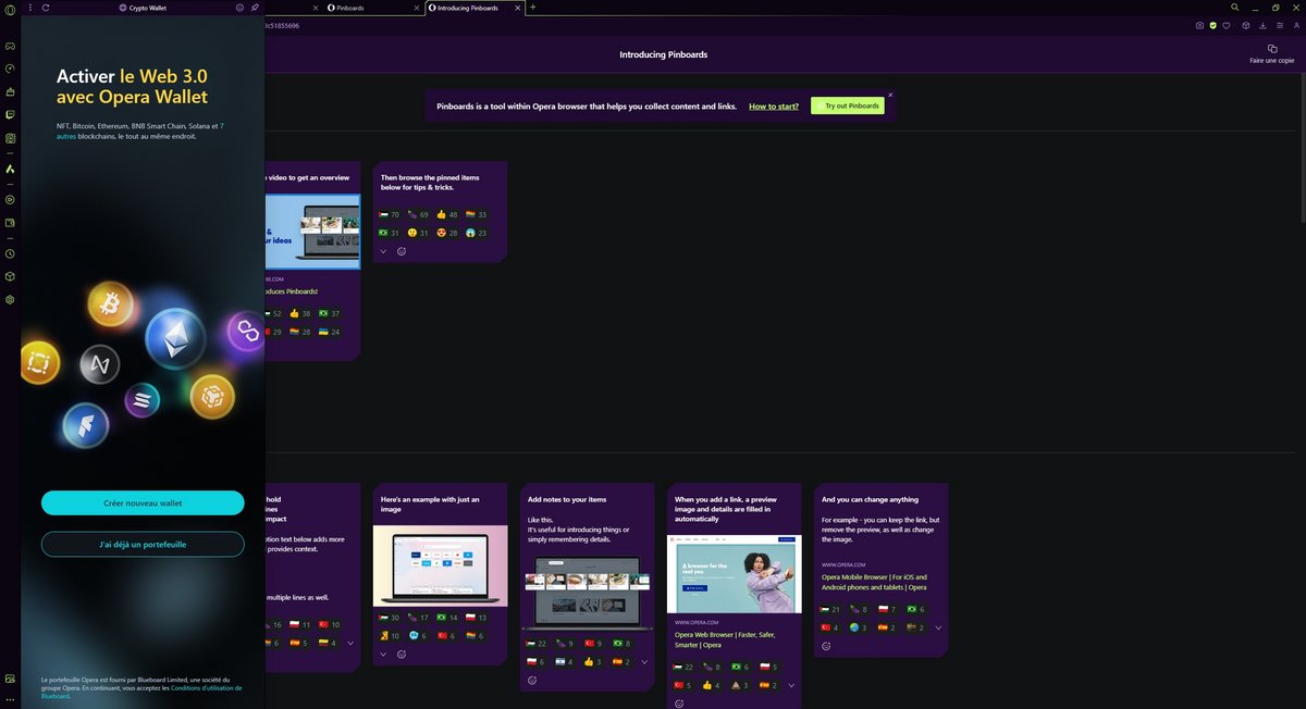 Opera GX - Le wallet à gauche, l'outil Pinboards derrière