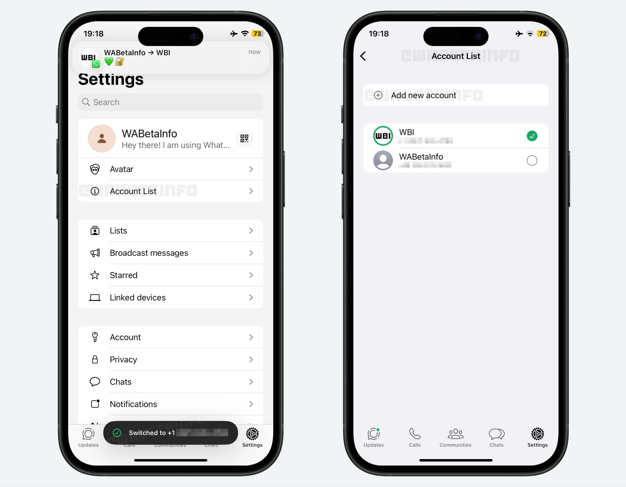 Deux comptes configurés sur WhatsApp ©WABetaInfo