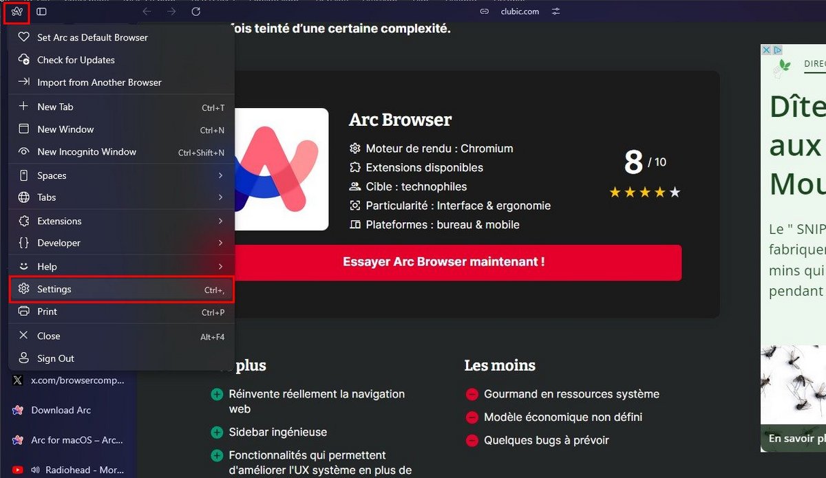 Arc Browser - rendez-vous dans les paramètres du navigateur  © Chloé Claessens pour Clubic 