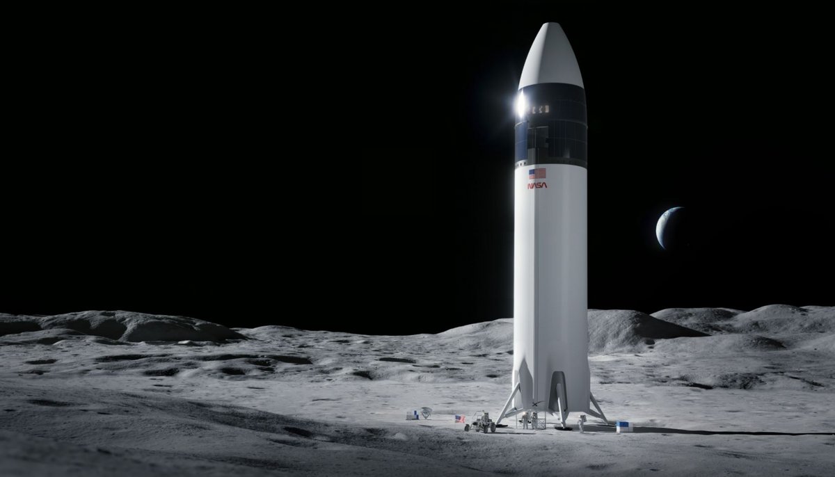 Vue d'artiste présentant un Starship-HLS sur la surface lunaire. Les astronautes font petits, en bas. Crédits SpaceX