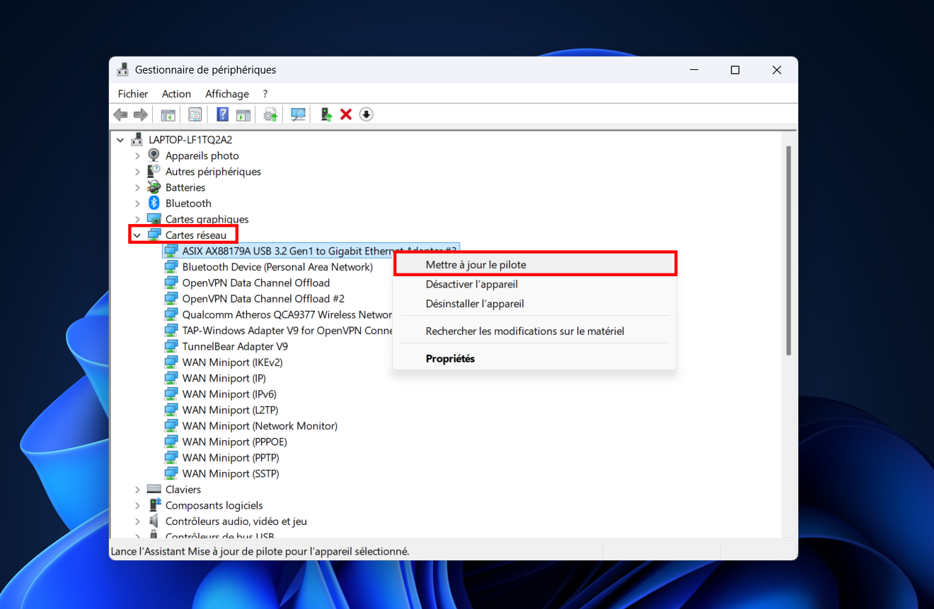 L’option Mettre à jour le pilote permet de vérifier si Windows trouve une version plus récente pour la carte Ethernet. © Clubic
