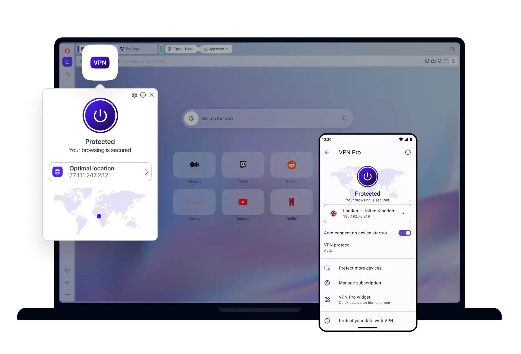 Opera muscle son VPN payant avec un nouveau protocole et plus de serveurs. © Opera