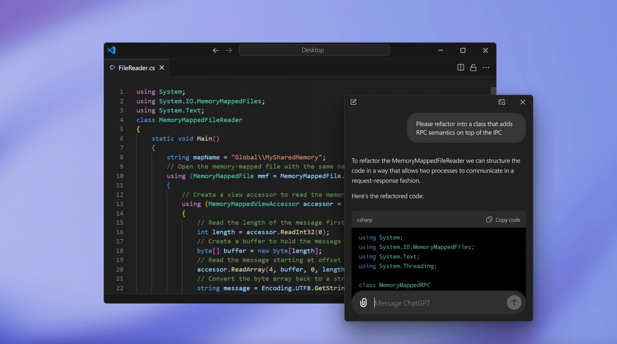 L'application ChatGPT utilisée conjointement à Visual Studio Code. © OpenAI