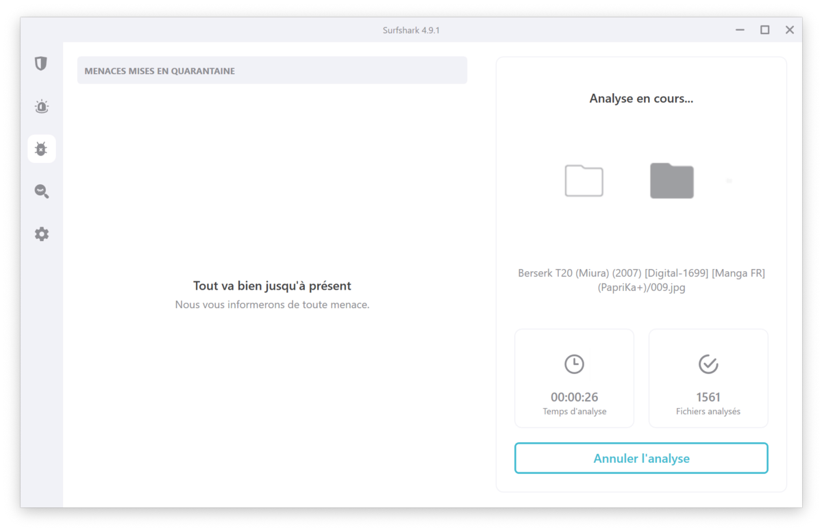 Surfshark One - L'analyse antivirus en cours et la fenêtre de quarantaine