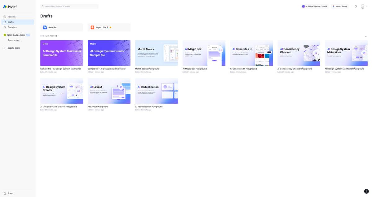 Interface de conception collaborative de Motiff, avec des fichiers partagés et modifiables en temps réel.