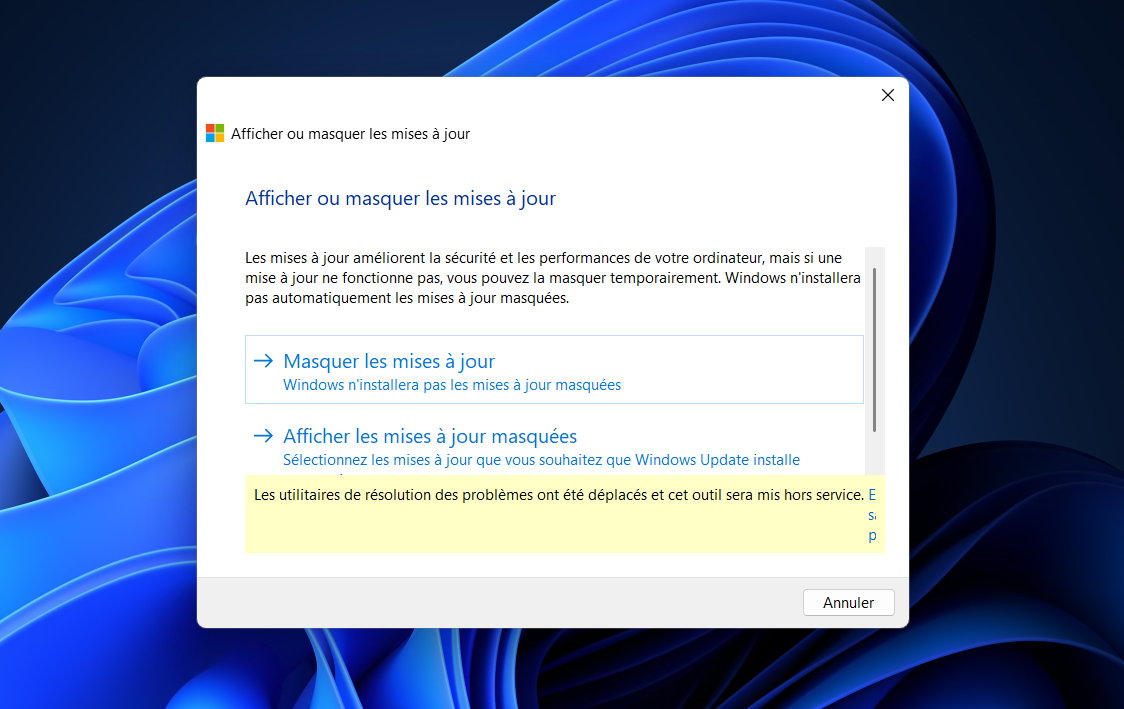 Exécutez l'utilitaire "Windos Update Show-Hide" pour empêcher le système de reproposer Windows 11 24H2. © Clubic