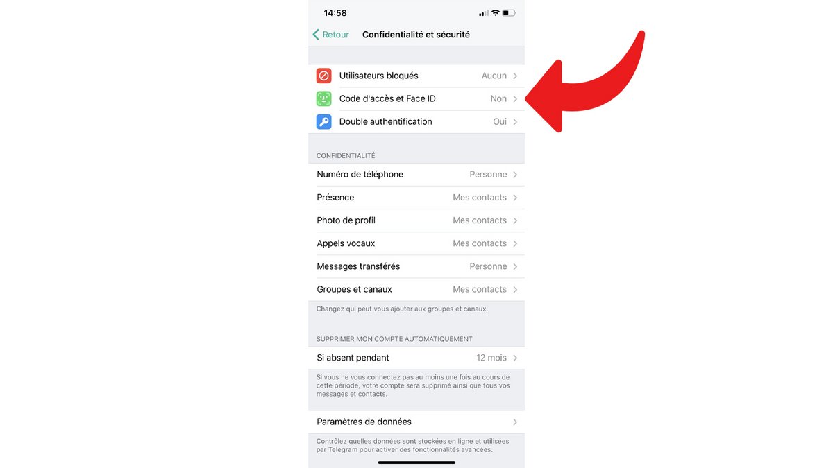 tuto telegram définir code d'accès