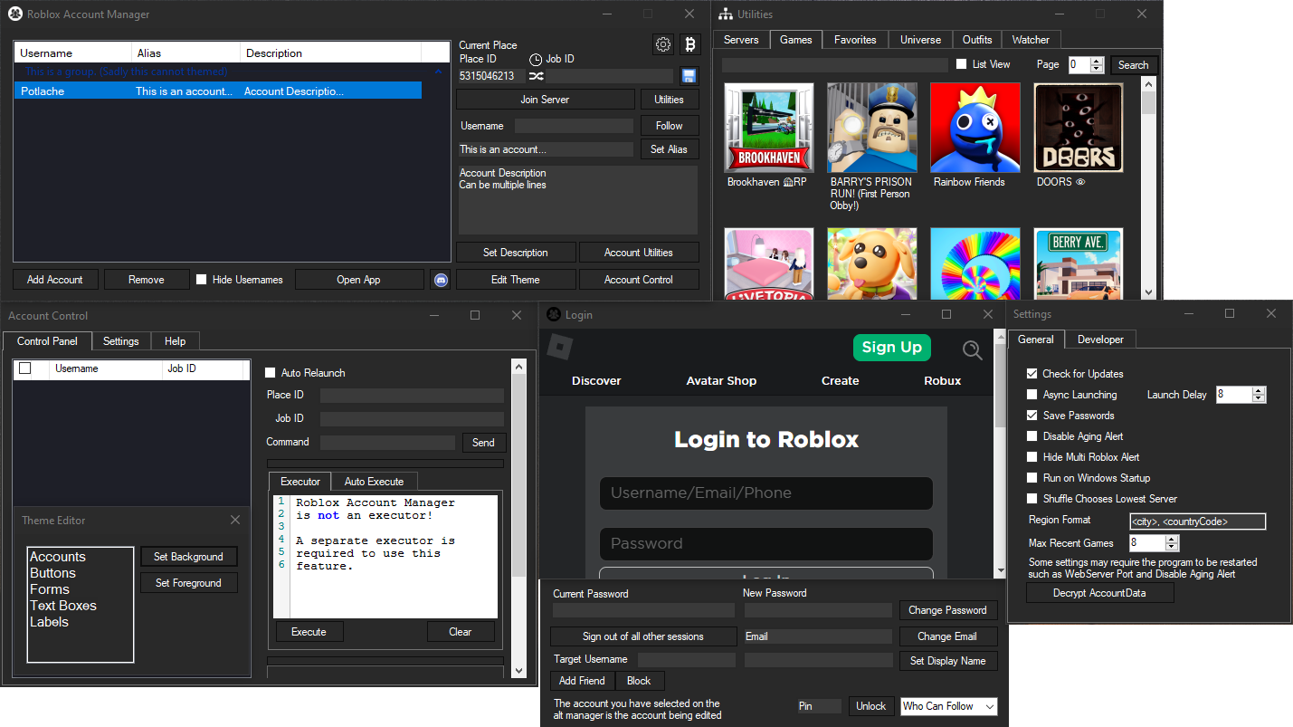 Interface de Roblox Account Manager avec la gestion des comptes et le lancement rapide de sessions multiples. © ic3w0lf22