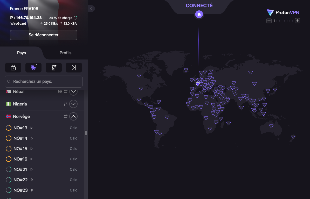 Proton VPN Business Suite - Les clients desktop et mobiles sont les mêmes que pour la version particulier du VPN, et affichent la charge des serveurs en temps réel. © Clubic