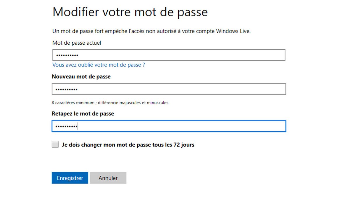 Microsoft - Modification du mot de passe du compte